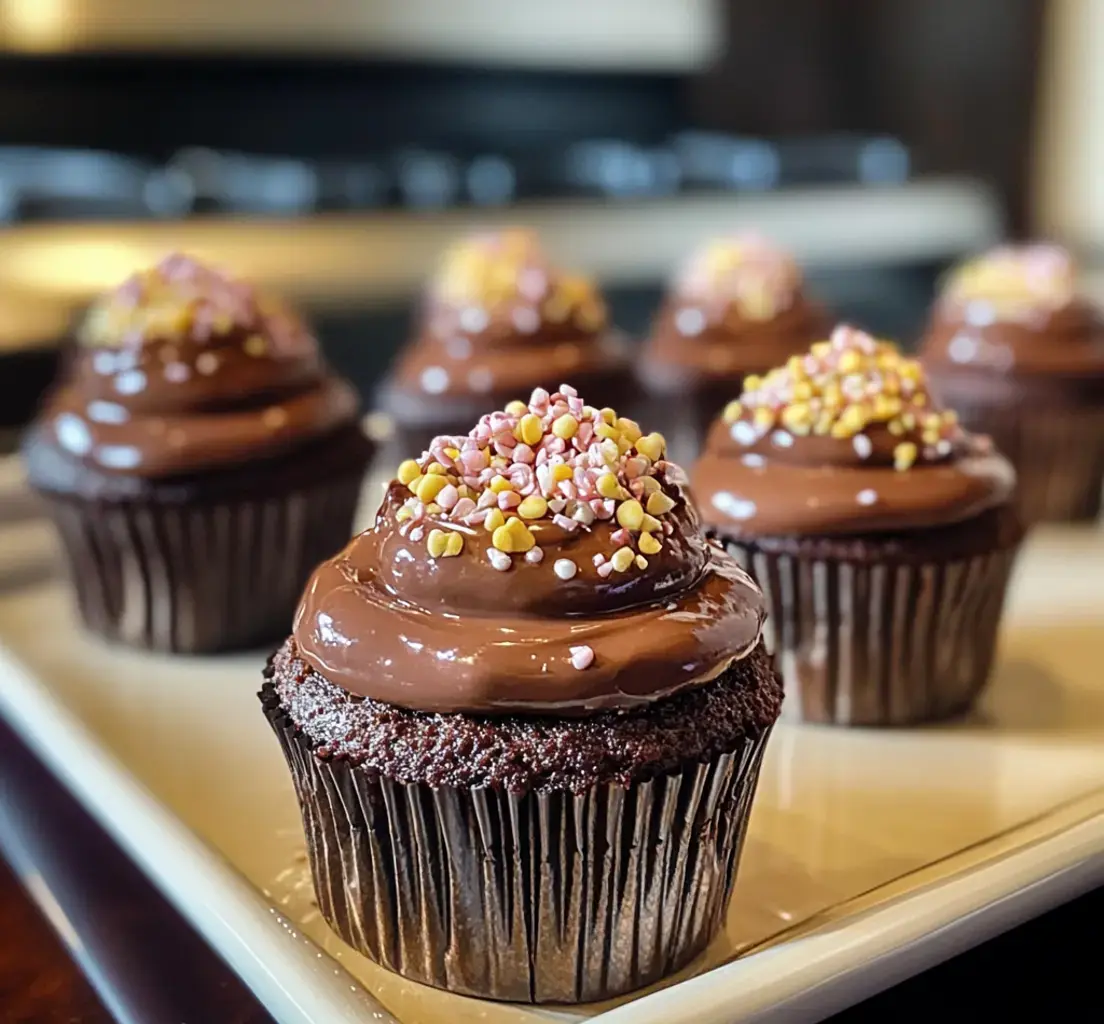 Un gros plan de cupcakes chocolatés nappés d’un glaçage brillant et de vermicelles colorés sur un plat blanc.