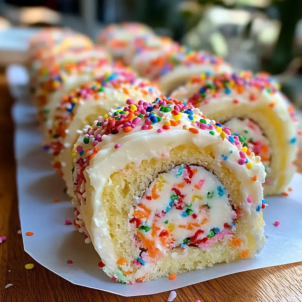 Gros plan d’un roulé coloré à la crème, décoré de confettis sugar pop.