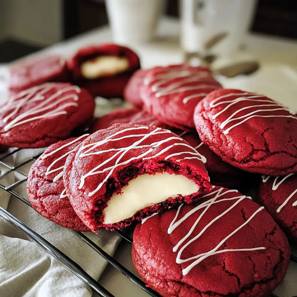 Un plateau de cookies red velvet fourrés au fromage, plusieurs décorés avec un filet de glaçage blanc et l’un croqué pour montrer l’intérieur.