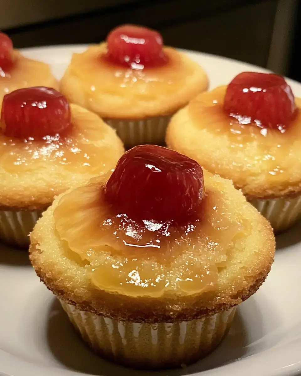 Joli zoom sur des cupcakes dorés coiffés d’ananas vitrifié et de cerises rouges pétantes.