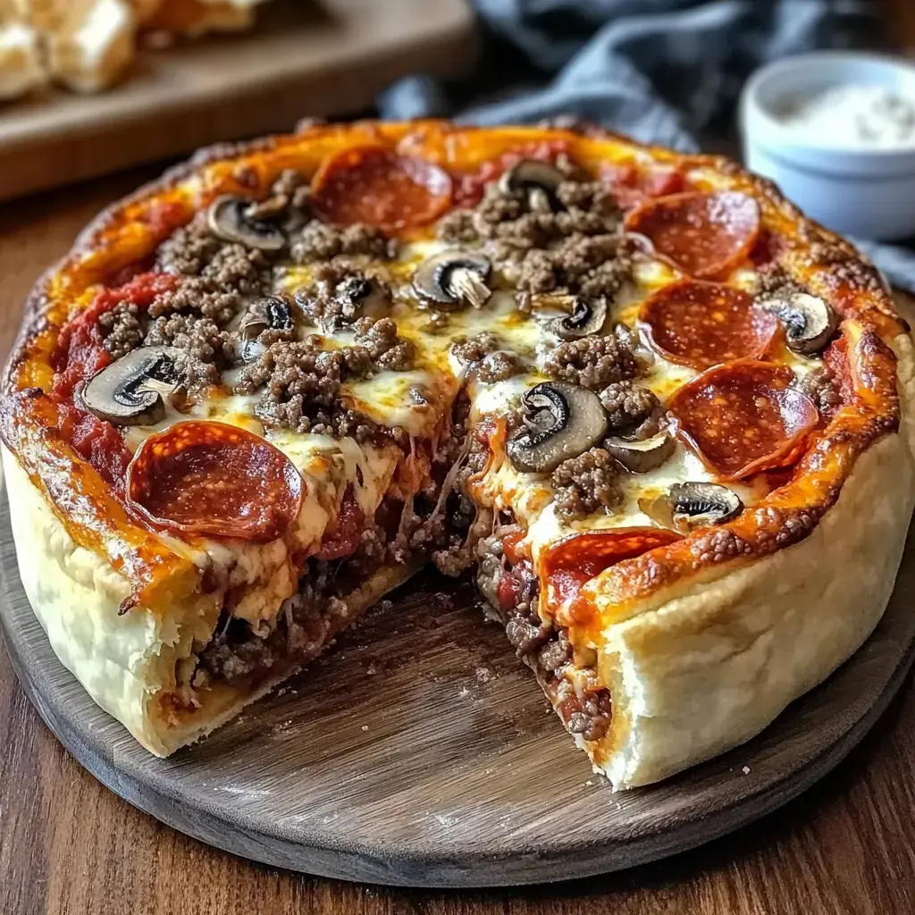 Une délicieuse pizza épaisse avec pepperoni, bœuf haché, champignons et fromage, dont une part déjà coupée, posée sur une planche en bois.