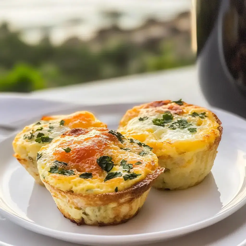 Deux muffins aux œufs cuits garnis d’herbes et d’un jaune bien doré, servis sur une assiette blanche avec un fond flou très nature.