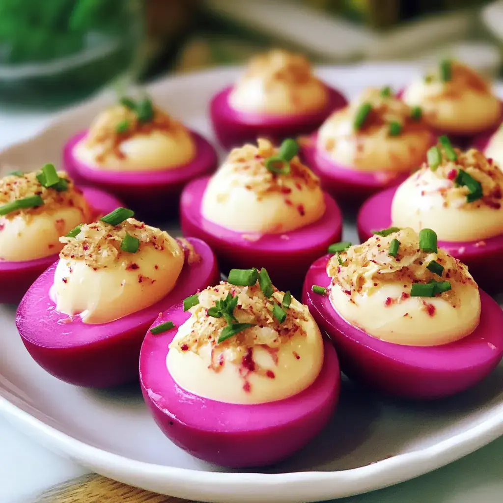 Une assiette d’œufs mimosa roses pétants avec farce crémeuse et ciboulette hachée.