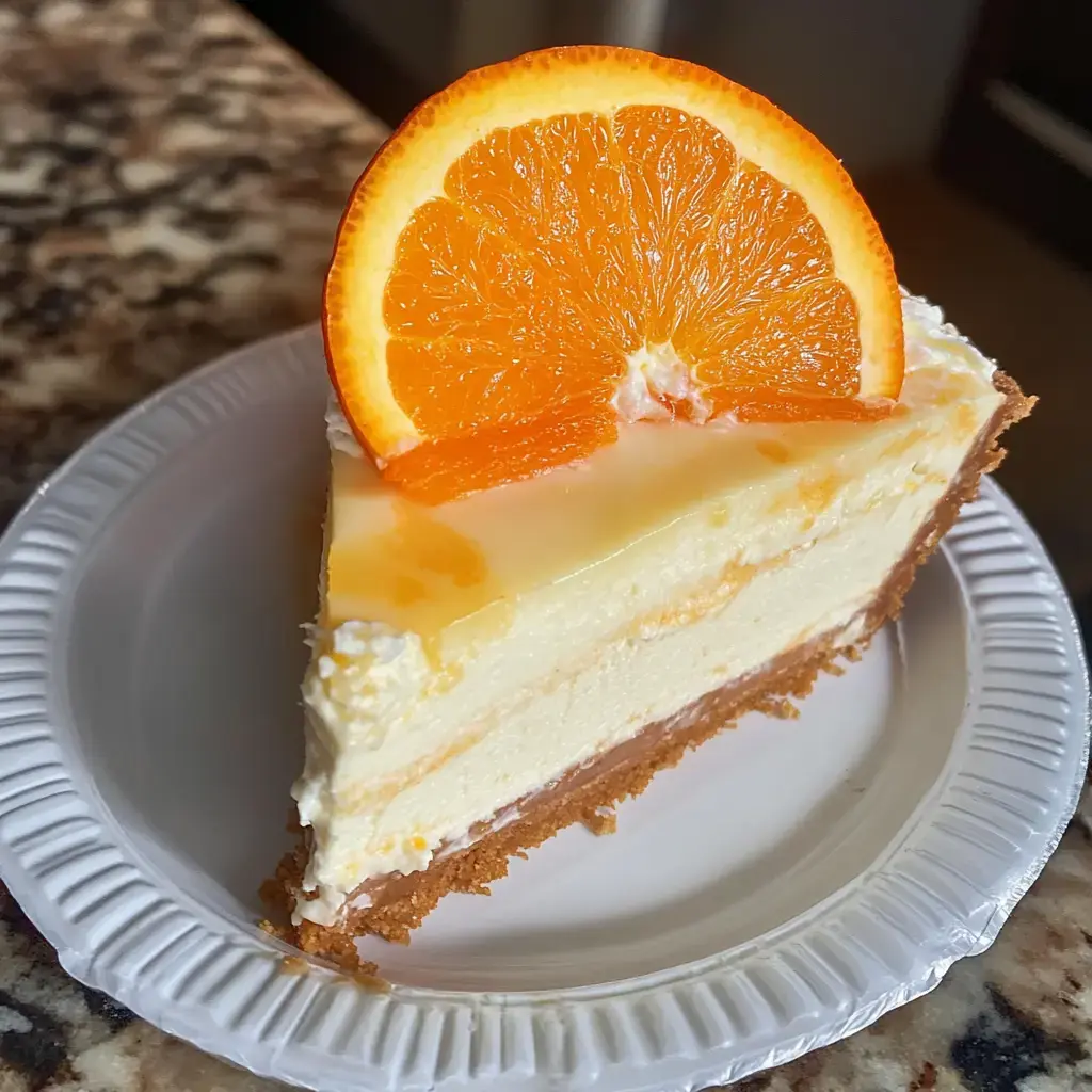 Part de cheesecake à l’orange posée sur une assiette blanche, décorée d’une tranche d’orange fraîche.