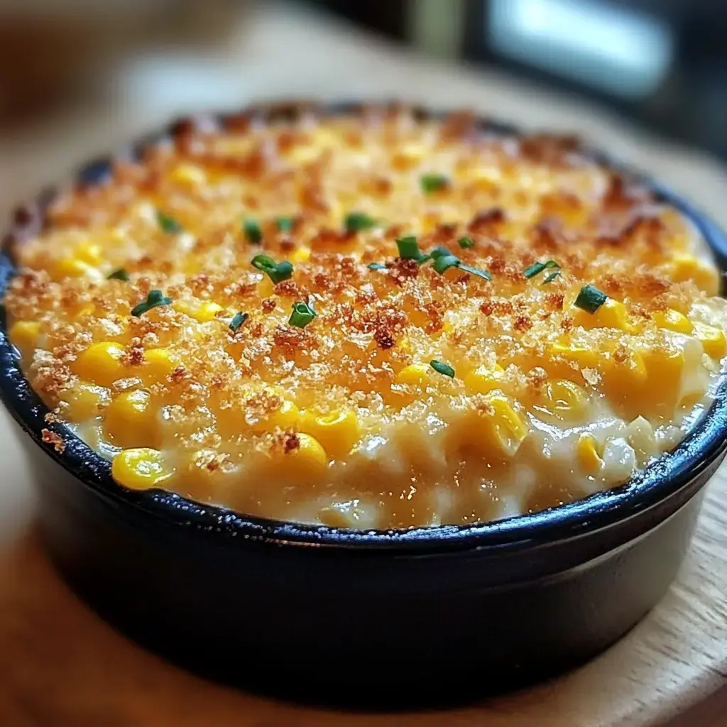Un gratin de macaronis au fromage tout doré, recouvert de chapelure croustillante et de ciboulette, dans un plat noir.