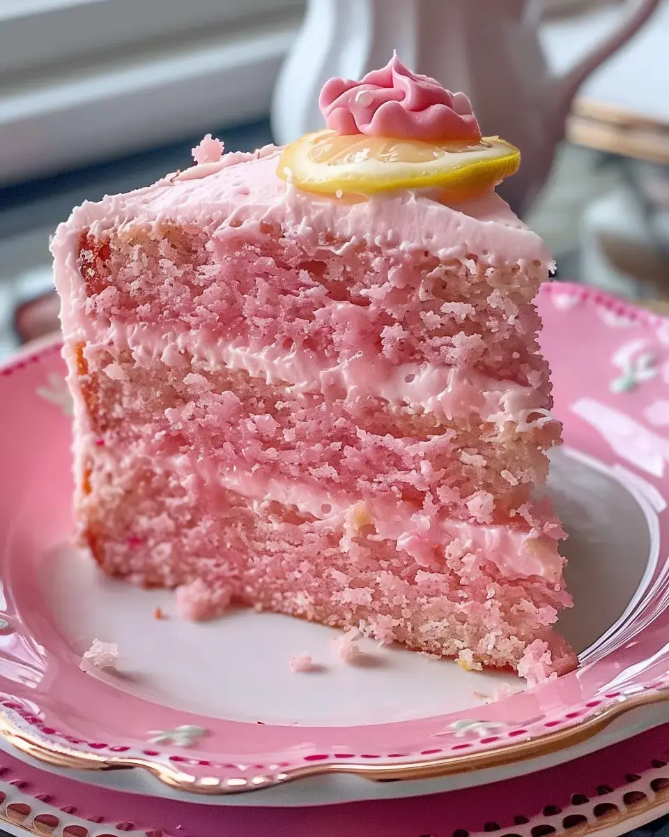 Une part de gâteau rose en étages avec un glaçage crémeux et une tranche de citron posée dessus, servie sur une assiette rose décorative.