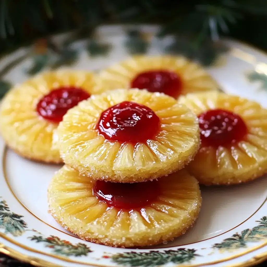 Gros plan sur une assiette garnie de biscuits ananas et cerises façon dessert vintage.