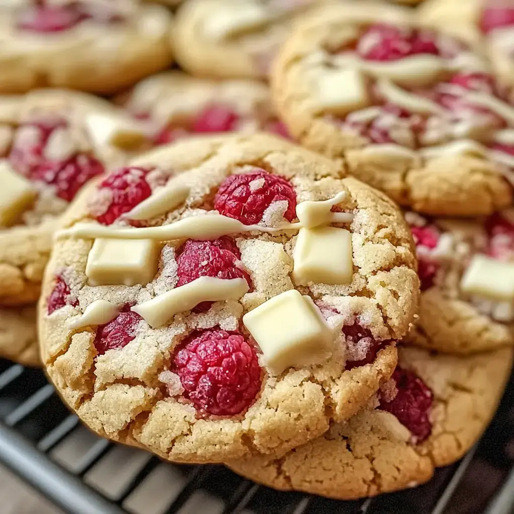 Zoom sur des cookies dorés pleins de chocolat blanc et morceaux de framboise.