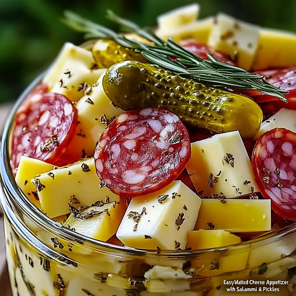 Gros plan sur un pot rempli de dés de fromage jaune, tranches de salami, cornichons et déco de romarin.