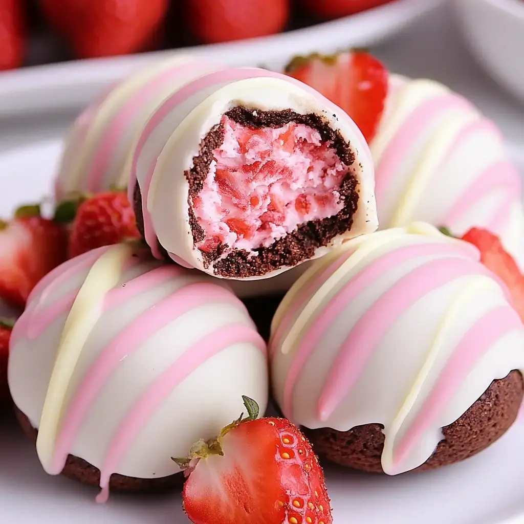 Un gros plan sur des boules au chocolat recouvertes de rayures roses et blanches, dont une coupée en deux pour montrer l’intérieur à la fraise, accompagnées de fraises fraîches.