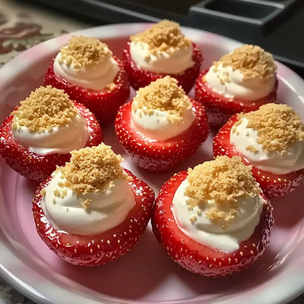 Une assiette de fraises garnies de crème fouettée et saupoudrées de miettes croquantes de biscuits.