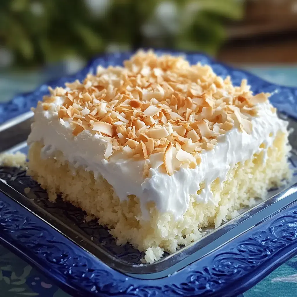 Gros plan sur une part de gâteau coco avec de la chantilly et des copeaux dorés, posé sur une belle assiette bleue.