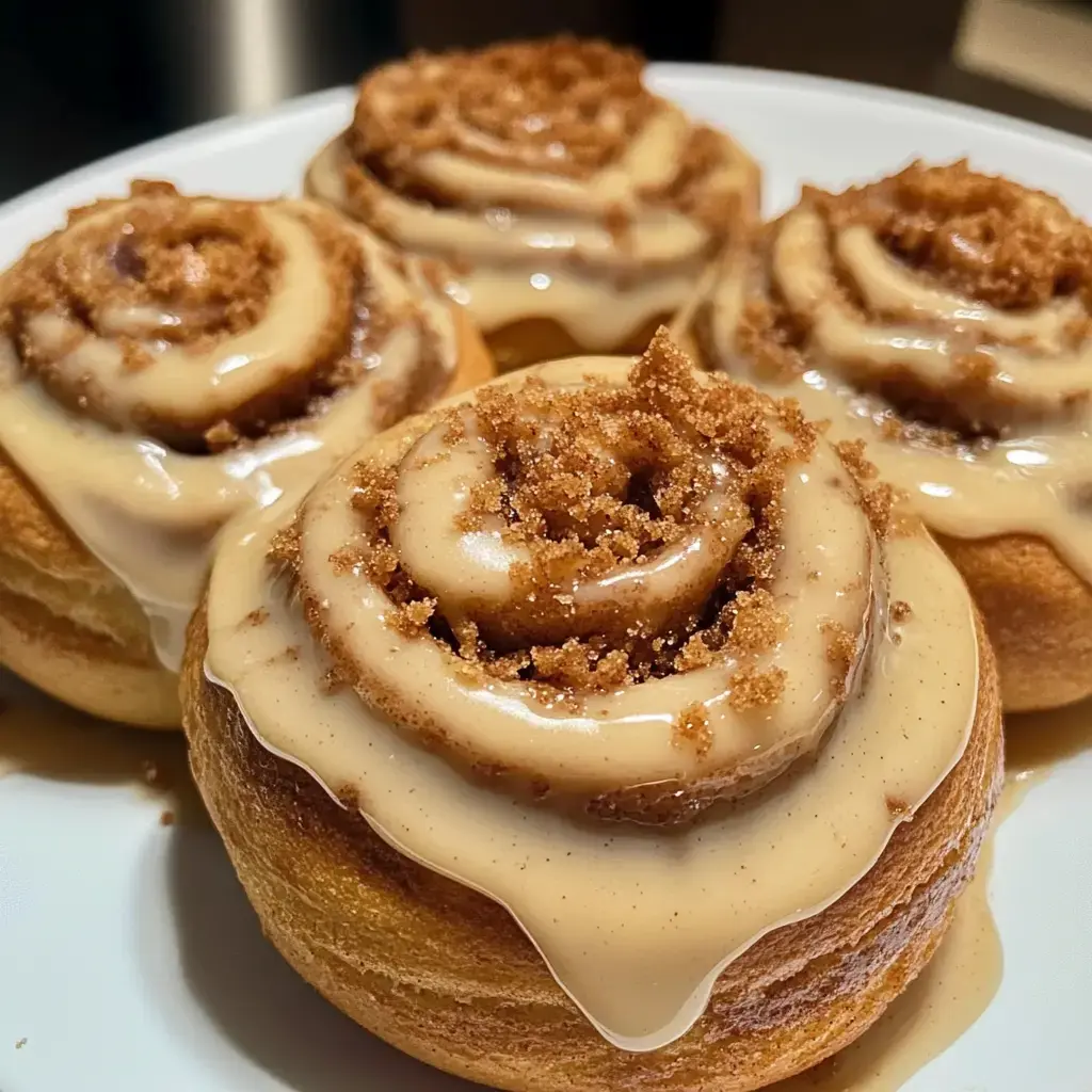 Zoom sur quatre roulés à la cannelle nappés de glaçage et parsemés de cassonade.