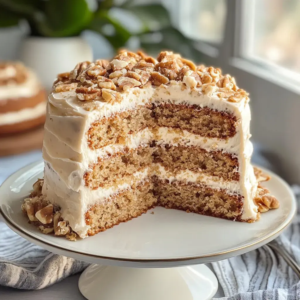 Un gâteau tranché à trois couches, nappé de glaçage et parsemé de noix hachées, posé sur un plat blanc.