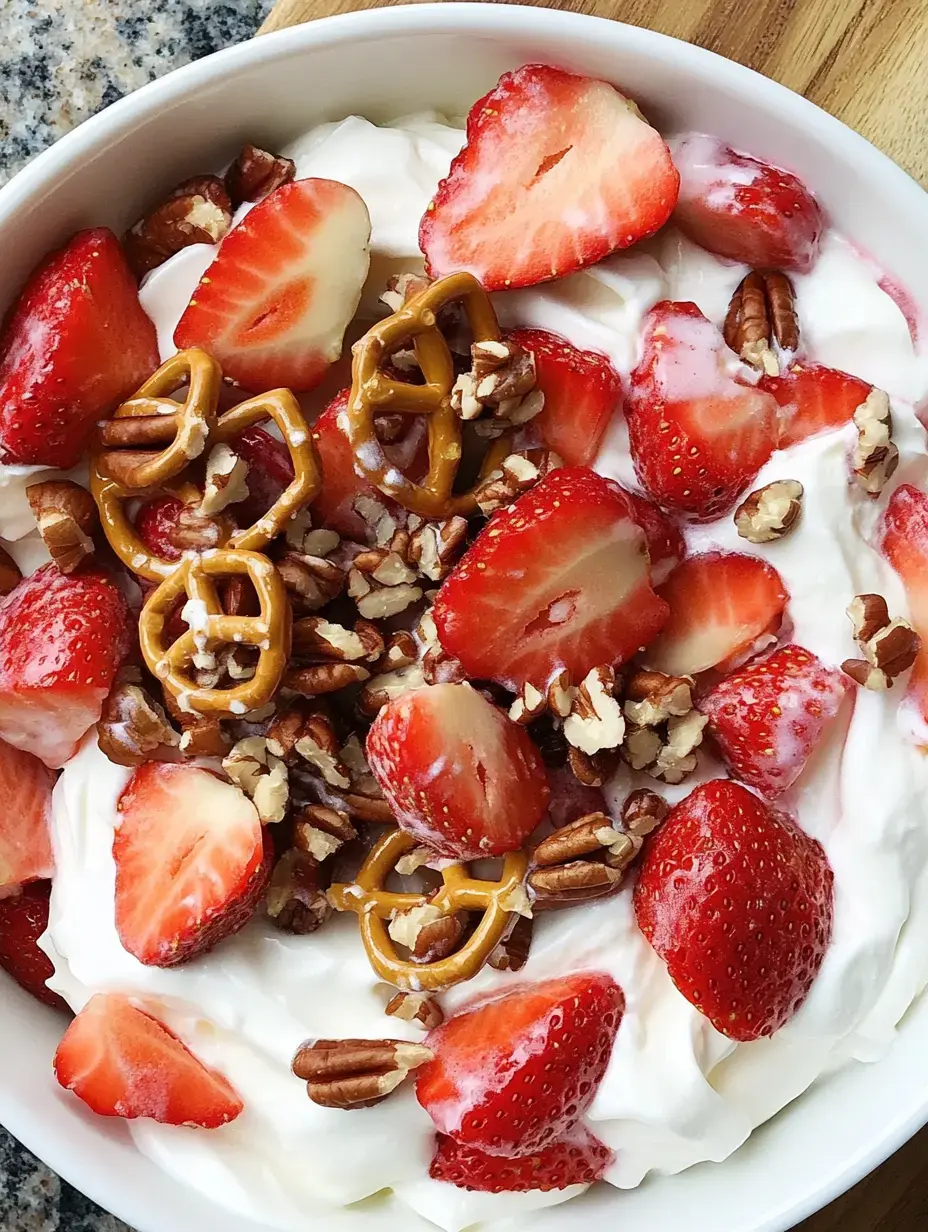 Un bol de crème fouettée garni de fraises tranchées, de noix de pécan et de morceaux de bretzel.