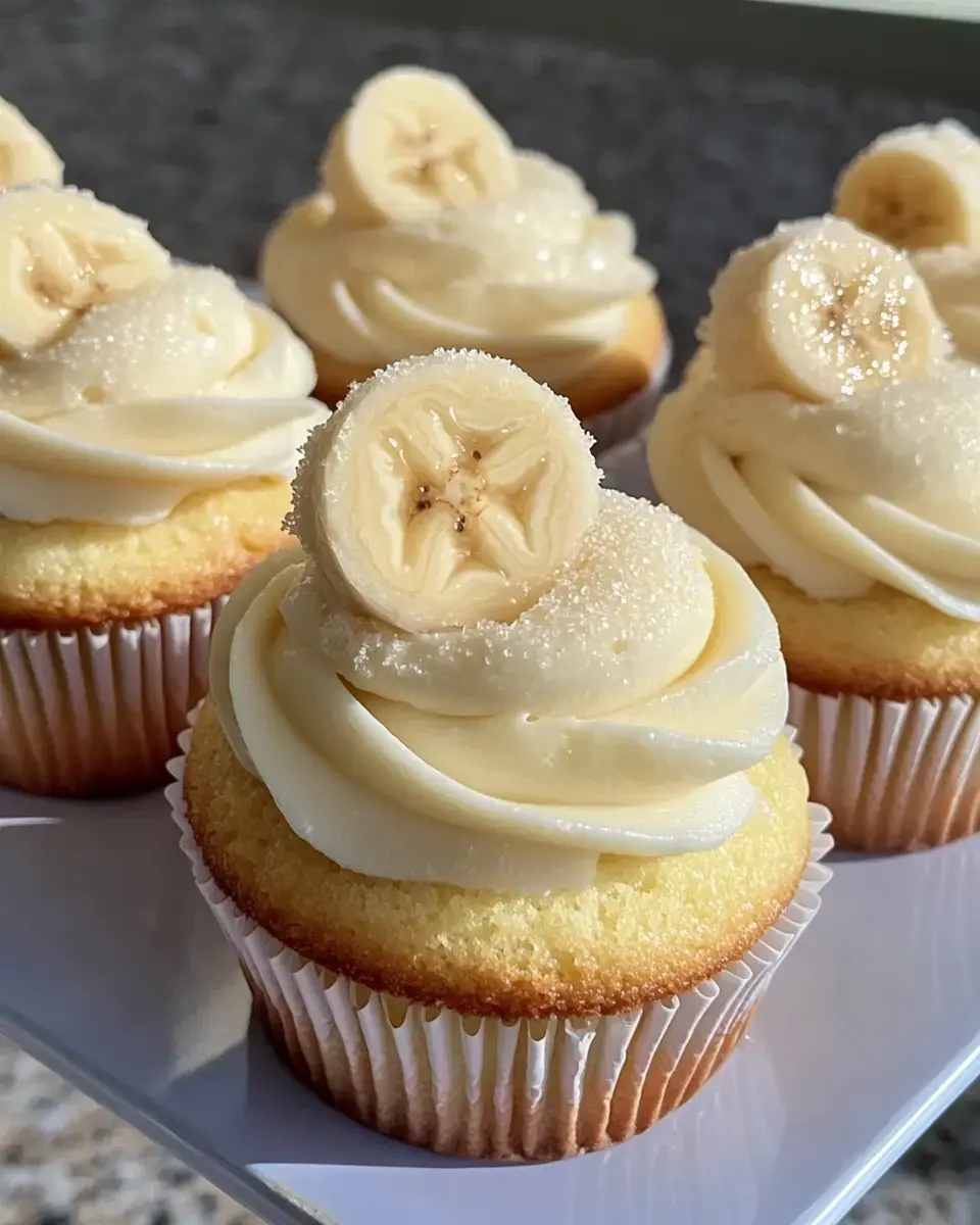 Vue rapprochée de cupcakes décorés avec de la crème et des rondelles de banane fraîche.