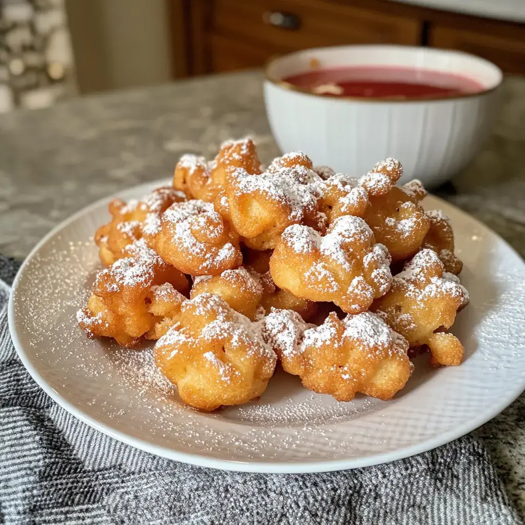 Une assiette de boules de pâte frites poudrée de sucre glace, avec un bol de sauce rouge à côté.