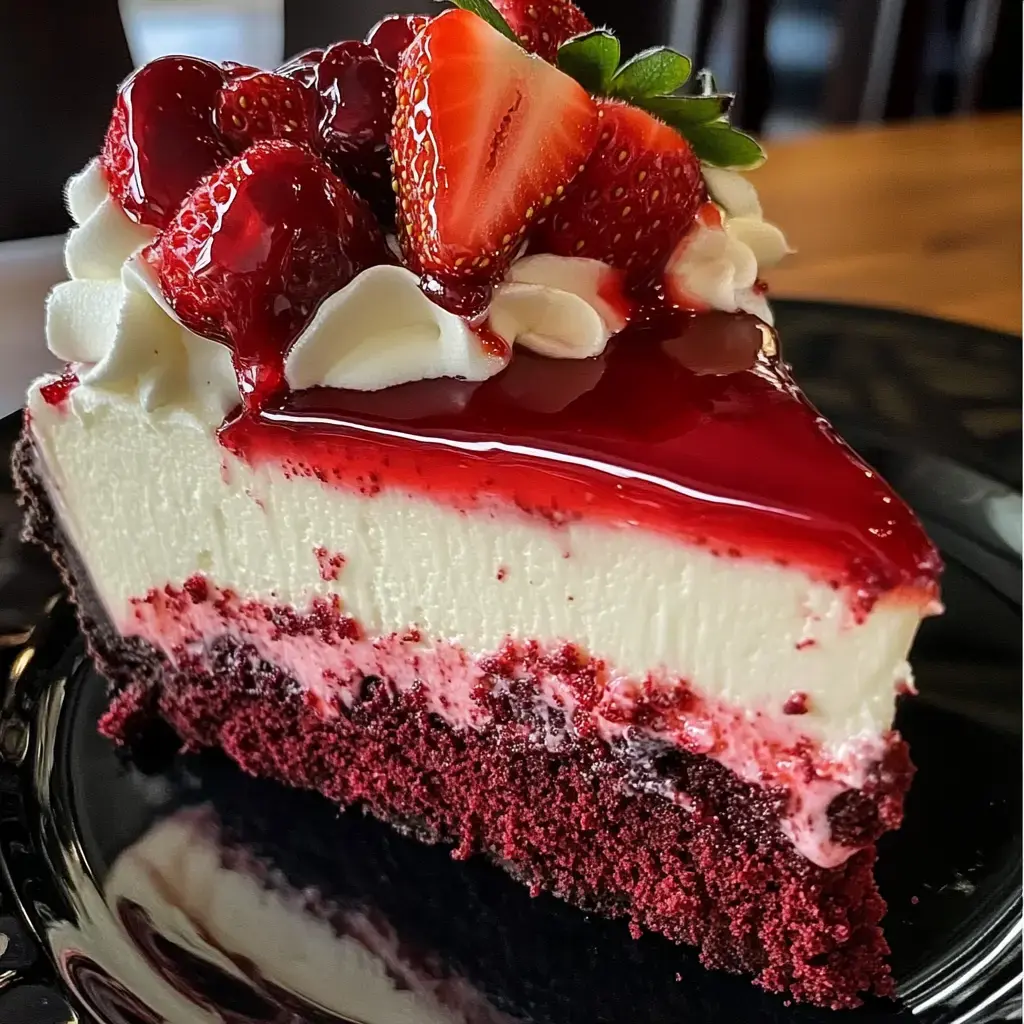 Une part de cheesecake velvet rouge surmontée de fraises et d’un nappage brillant à la fraise, posée sur une assiette noire.