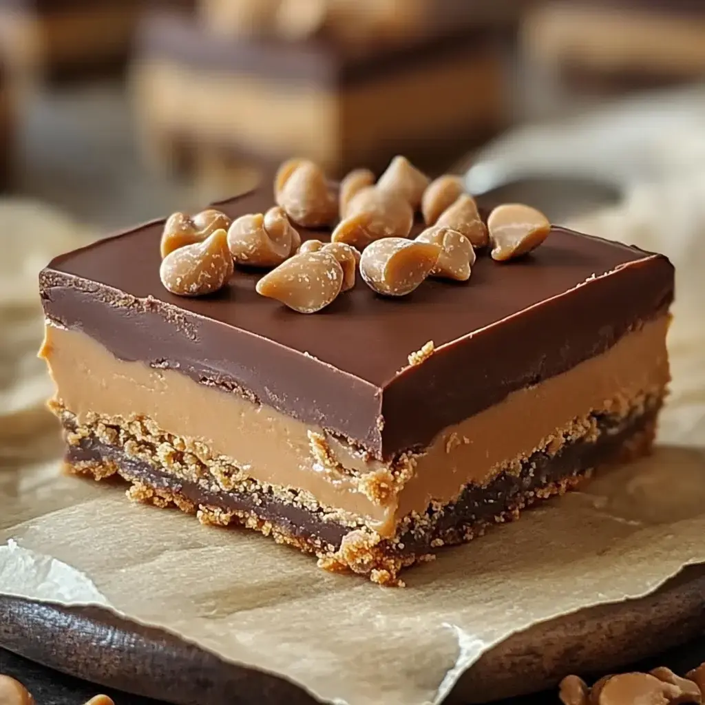 Un carré gourmand avec une couche chocolatée brillante, une base croustillante, et un cœur hyper fondant, le tout décoré de pépites de chocolat.
