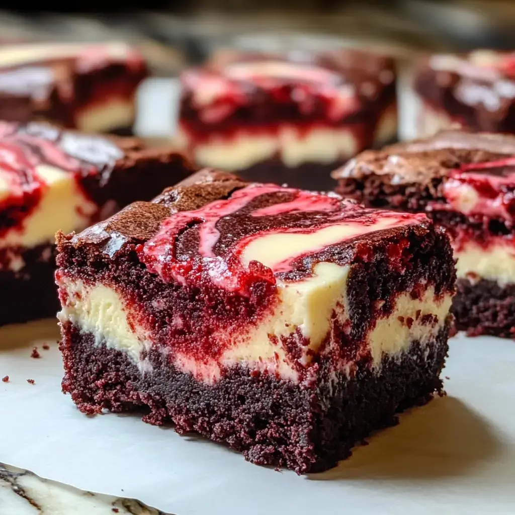 Gros plan d’un brownie aux couches rouges et blanches, où le fromage et le red velvet se mêlent joliment.