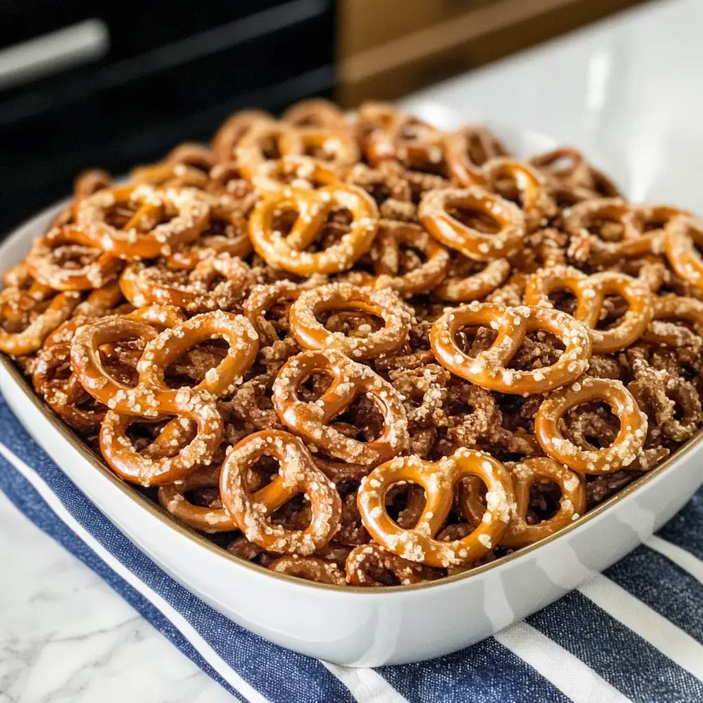 Un gros saladier de bretzels salés, posé sur une serviette rayée bleu et blanche.