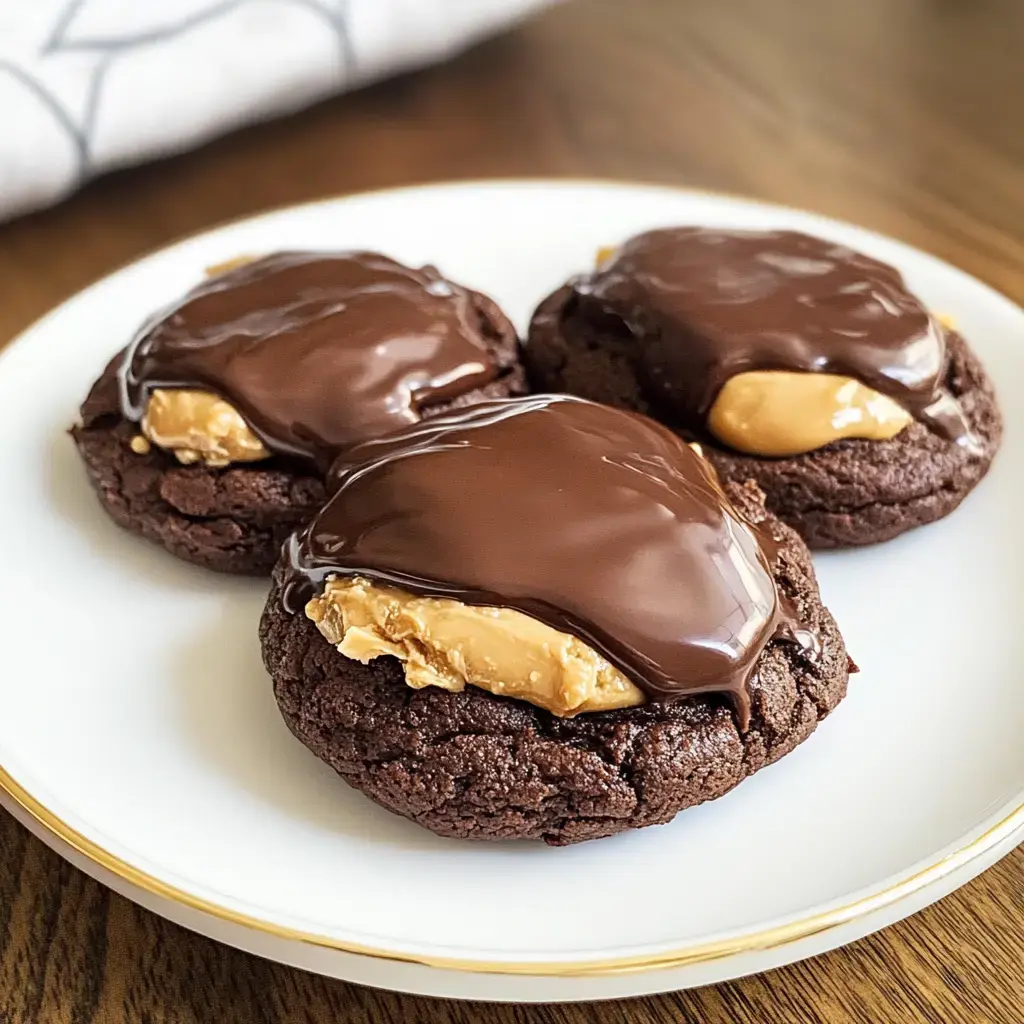 Assiette avec trois biscuits chocolatés glacés, au cœur fondant de cacahuète.