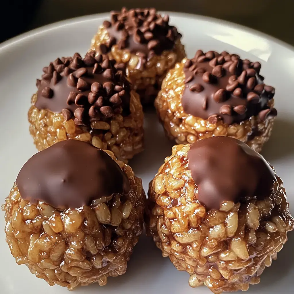 Une assiette de six boules croustillantes nappées de chocolat et décorées de pépites de chocolat.