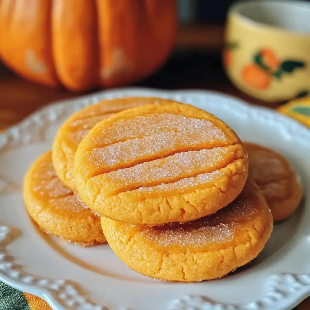 Une assiette de biscuits orange en forme de potiron, saupoudrés de sucre, avec une citrouille et une tasse colorée floues en arrière-plan.