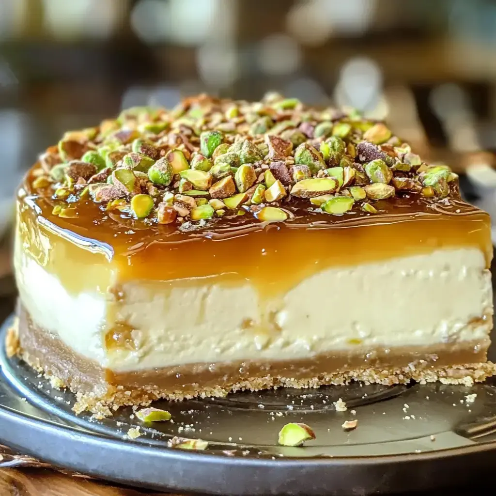 Un dessert en strates avec un centre crémeux, du caramel et des pistaches concassées sur une base sablée.
