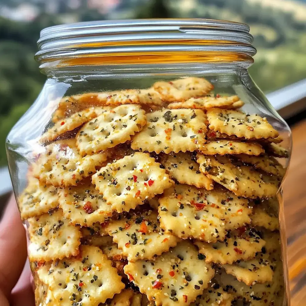 Un bocal en verre transparent rempli de crackers croustillants bien assaisonnés, avec des herbes et des épices.