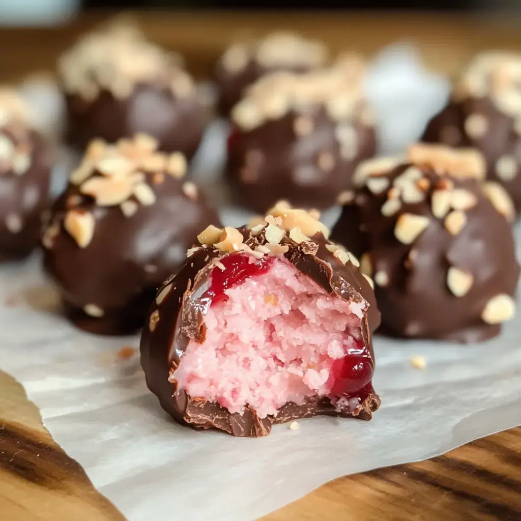 Gros plan sur des boules gourmandes enrobées de chocolat, coupées pour montrer leur intérieur rose et un cœur cerise, décorées d’éclats de cacahuètes.