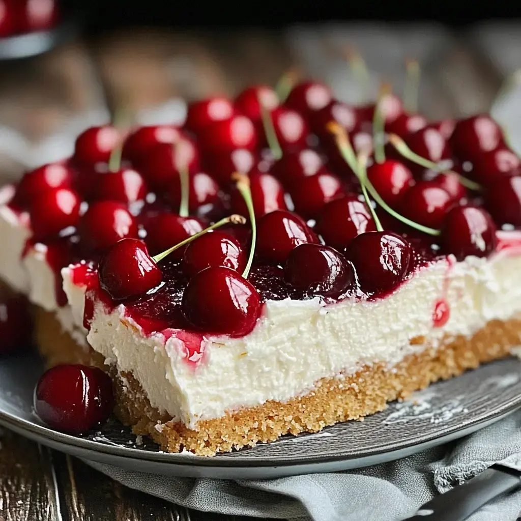 Un cheesecake vu de près surmonté d'une couche brillante de cerises et de cerises fraîches sur une assiette grise.