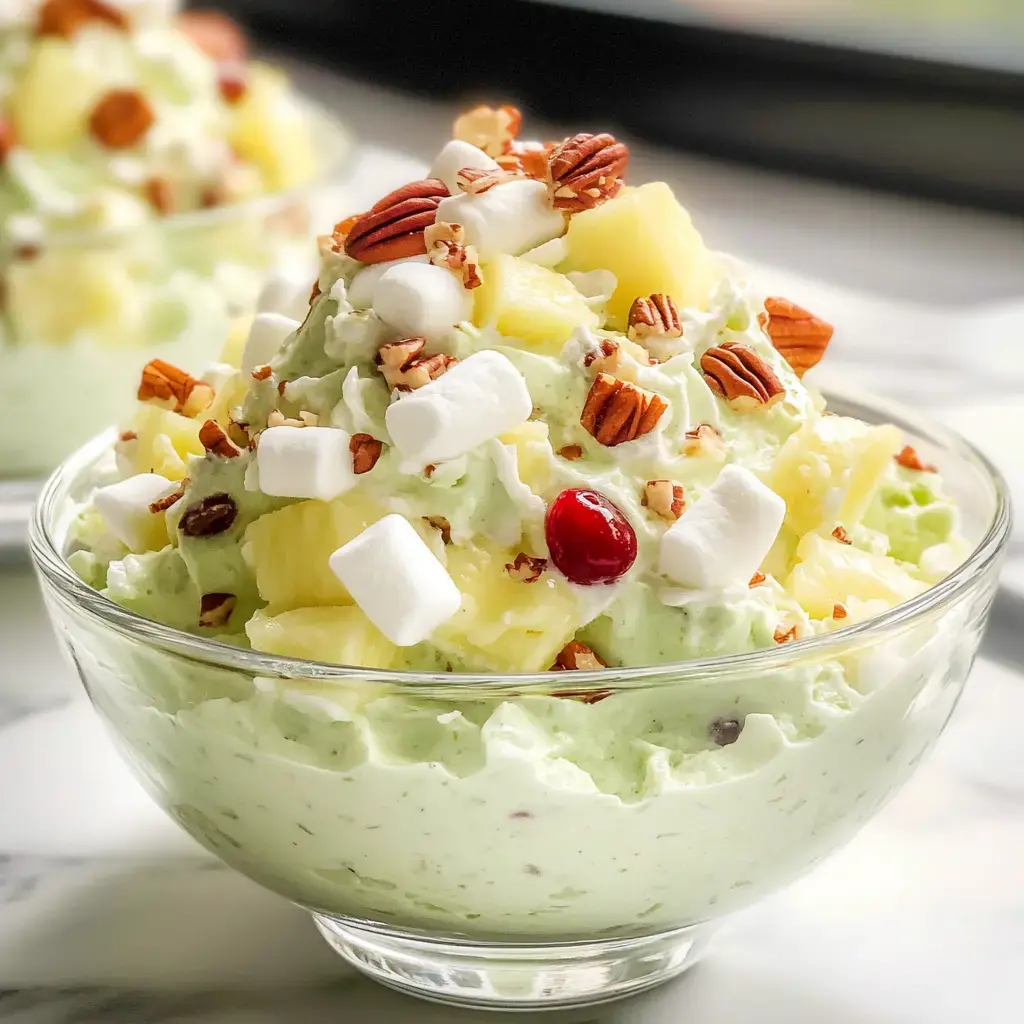 Saladier en verre rempli d’un dessert vert avec des morceaux d’ananas, des noix de pécan, des mini guimauves et une cerise au sommet.
