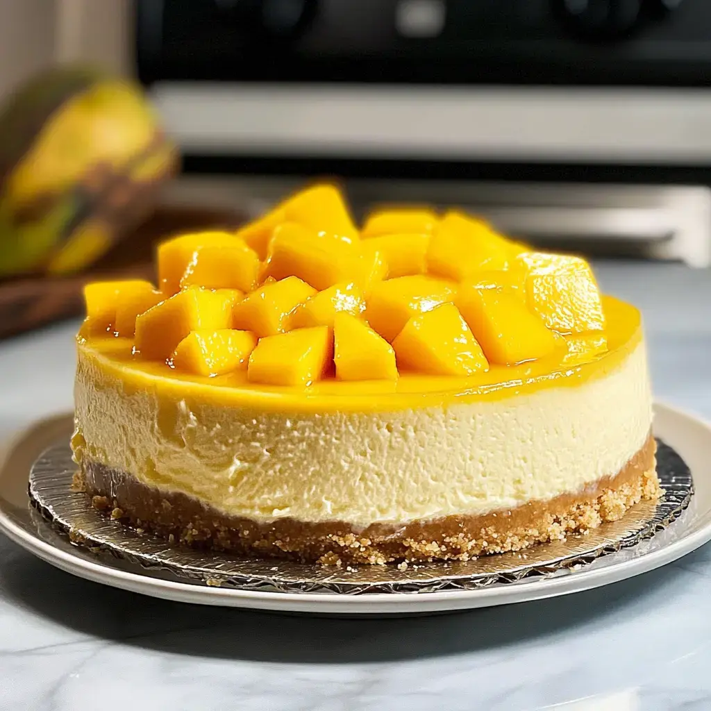 Un cheesecake onctueux surmonté de mangue fraîche en dés trône sur une assiette, sa gelée dorée et sa base croquante bien visibles.