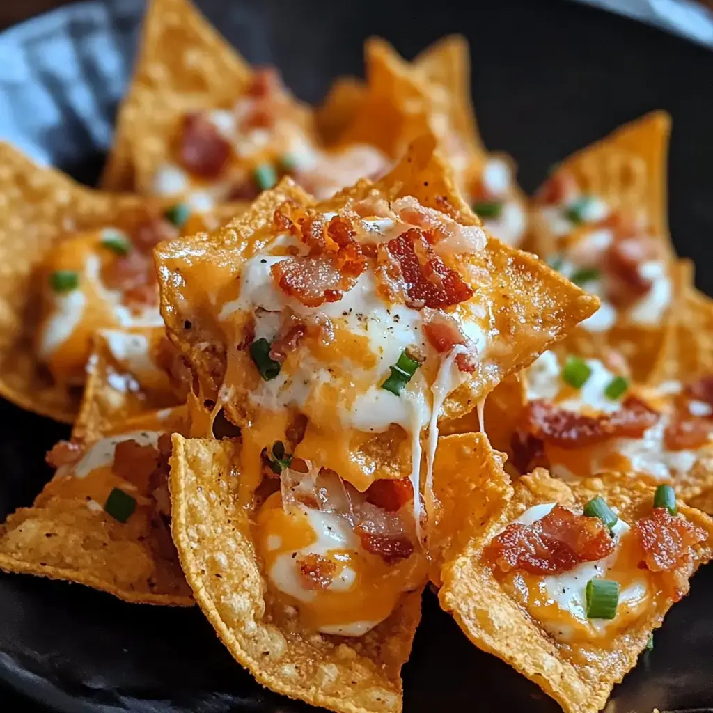 Gros plan sur un plat de nachos au fromage avec bacon et oignon vert.