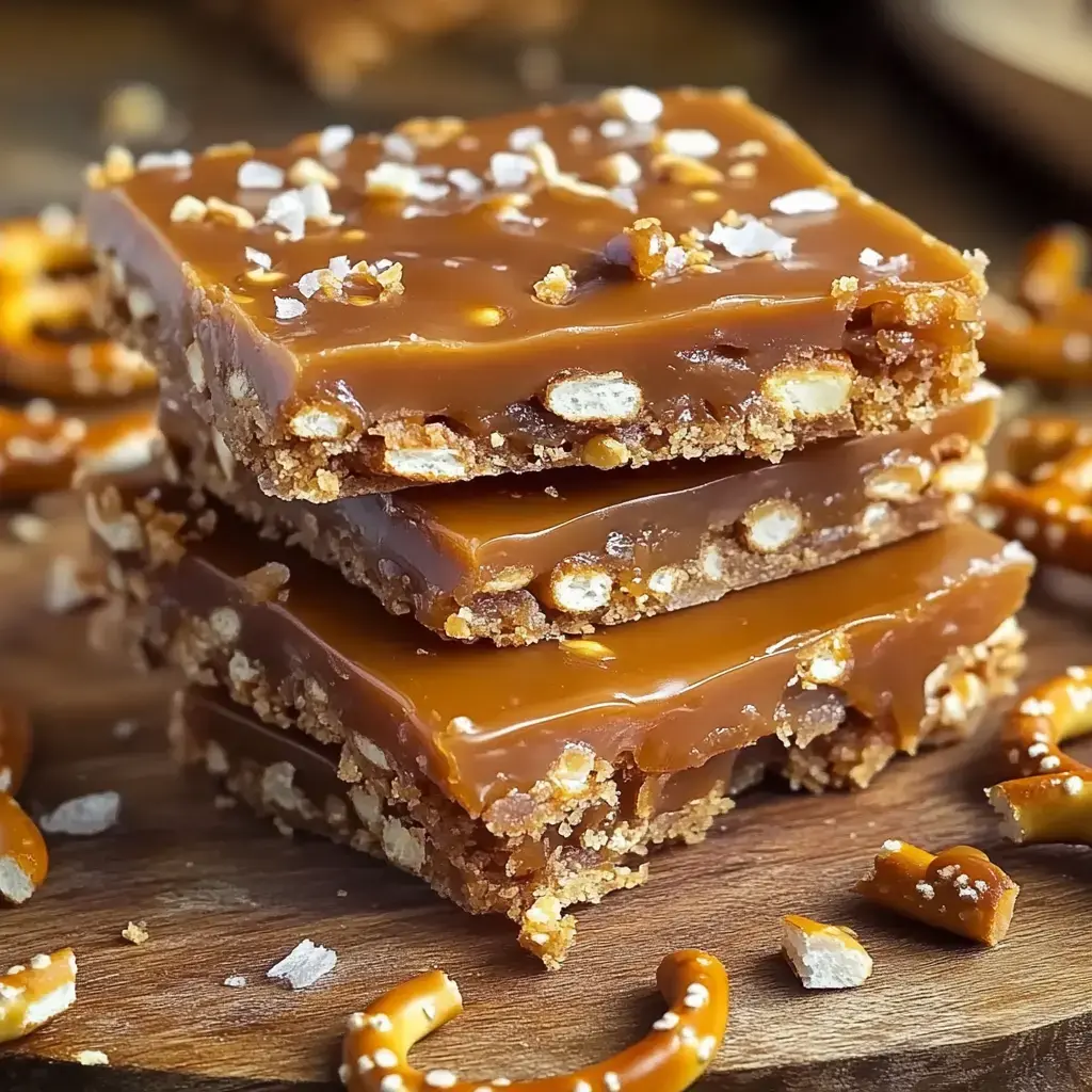 Trois barres au caramel empilées avec une base de bretzel croustillant, saupoudrées de fleur de sel, entourées de bretzels sur une planche en bois.