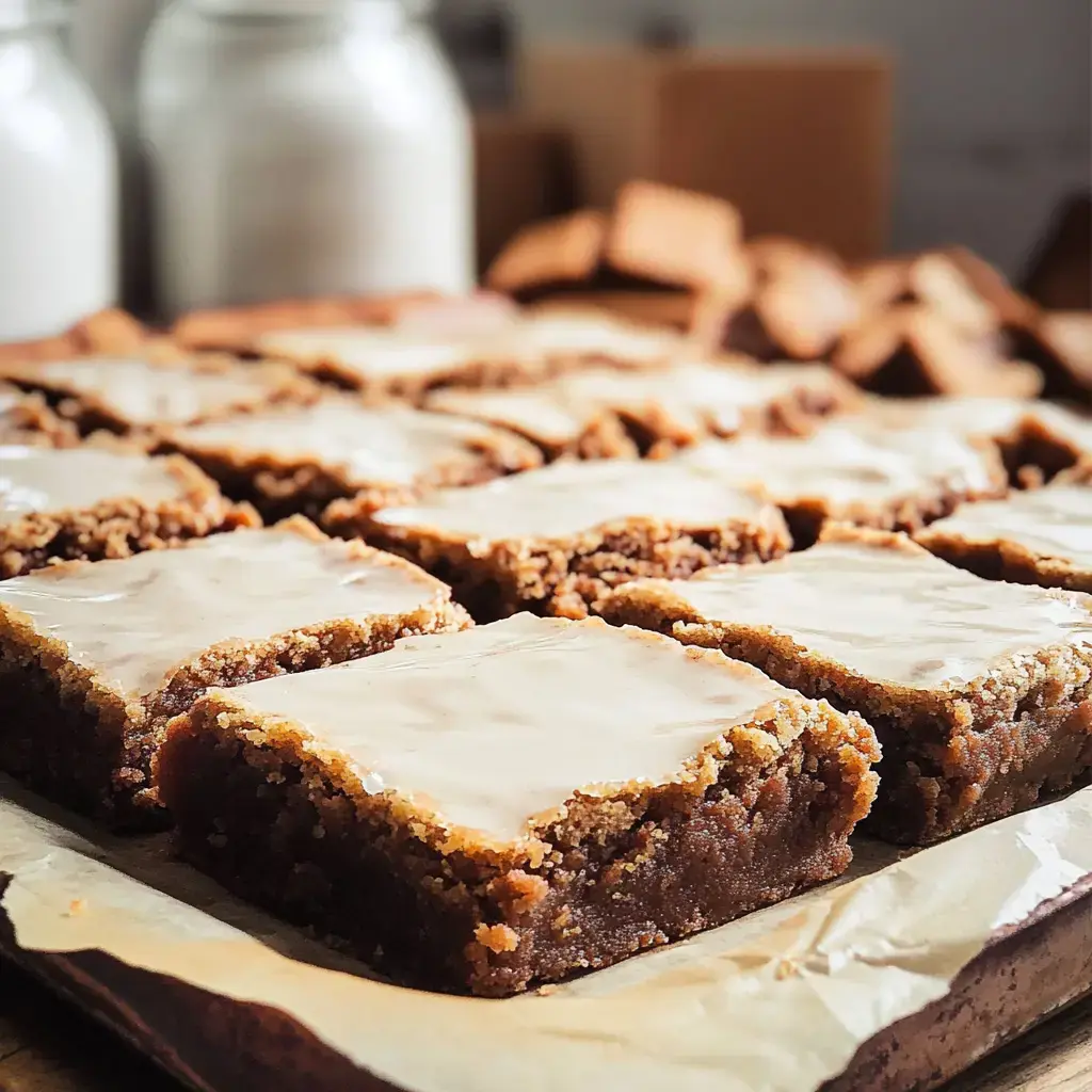 Un zoom sur un plateau de carrés sucrés nappés d’un glaçage brillant.