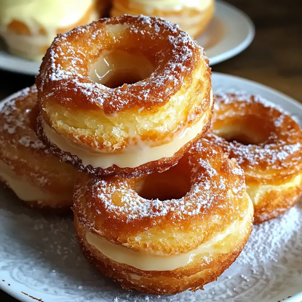 Trois beignets fourrés et dorés, couverts de sucre glace, posés sur une assiette blanche.