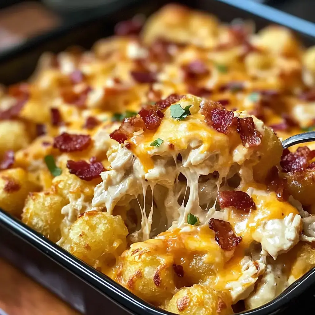 Gros plan d’un gratin crémeux au poulet et bacon, recouvert de tater tots dorés et parsemé d’herbes fraîches.