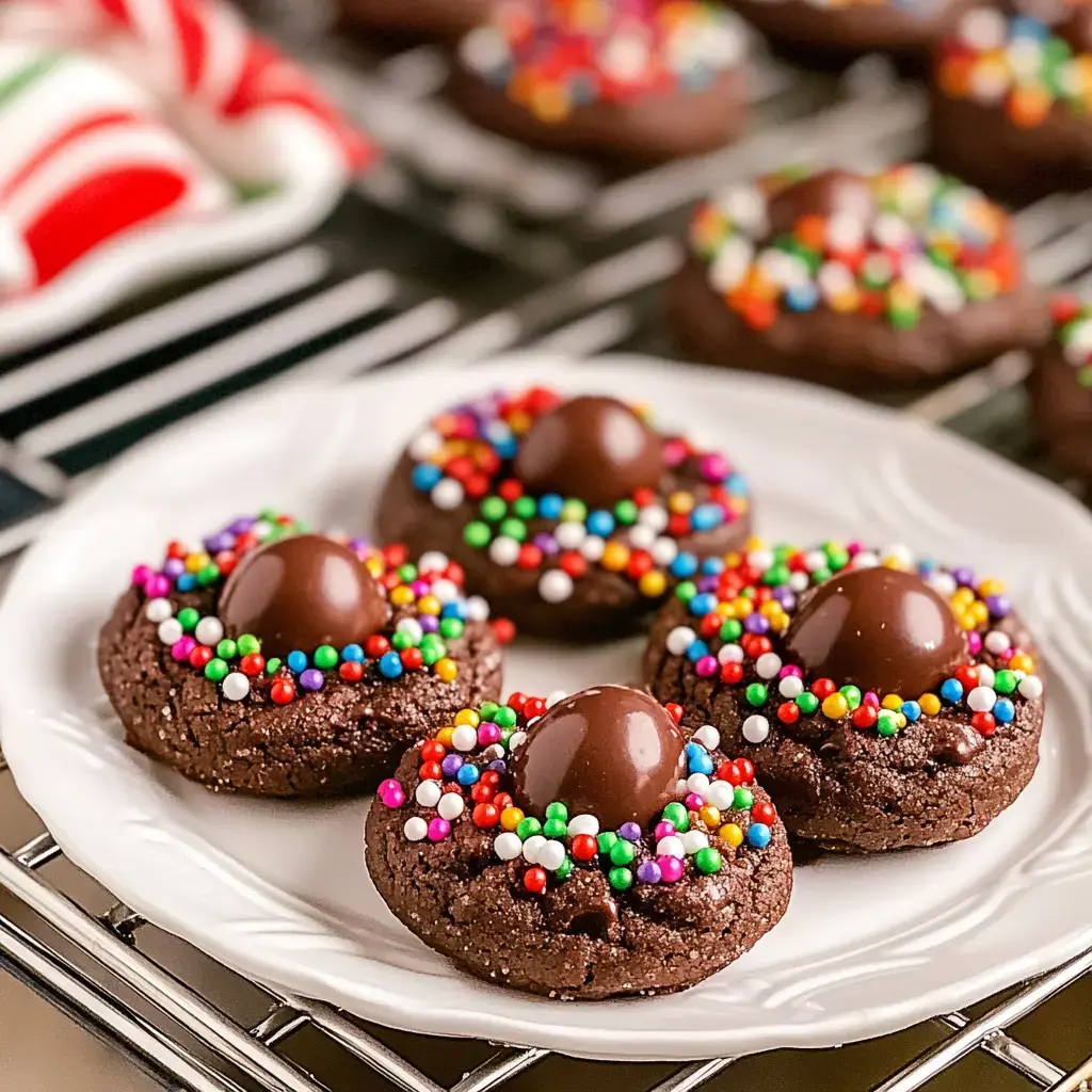 Une assiette de cookies au chocolat, couverts de paillettes colorées et coiffés d’un bonbon au chocolat, attend sur une grille.