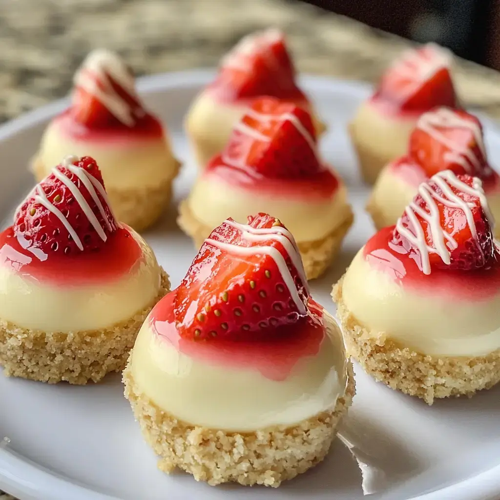 Une assiette de mini cheesecakes avec des fraises fraîches dessus un nappage brillant rouge et un filet de chocolat blanc.