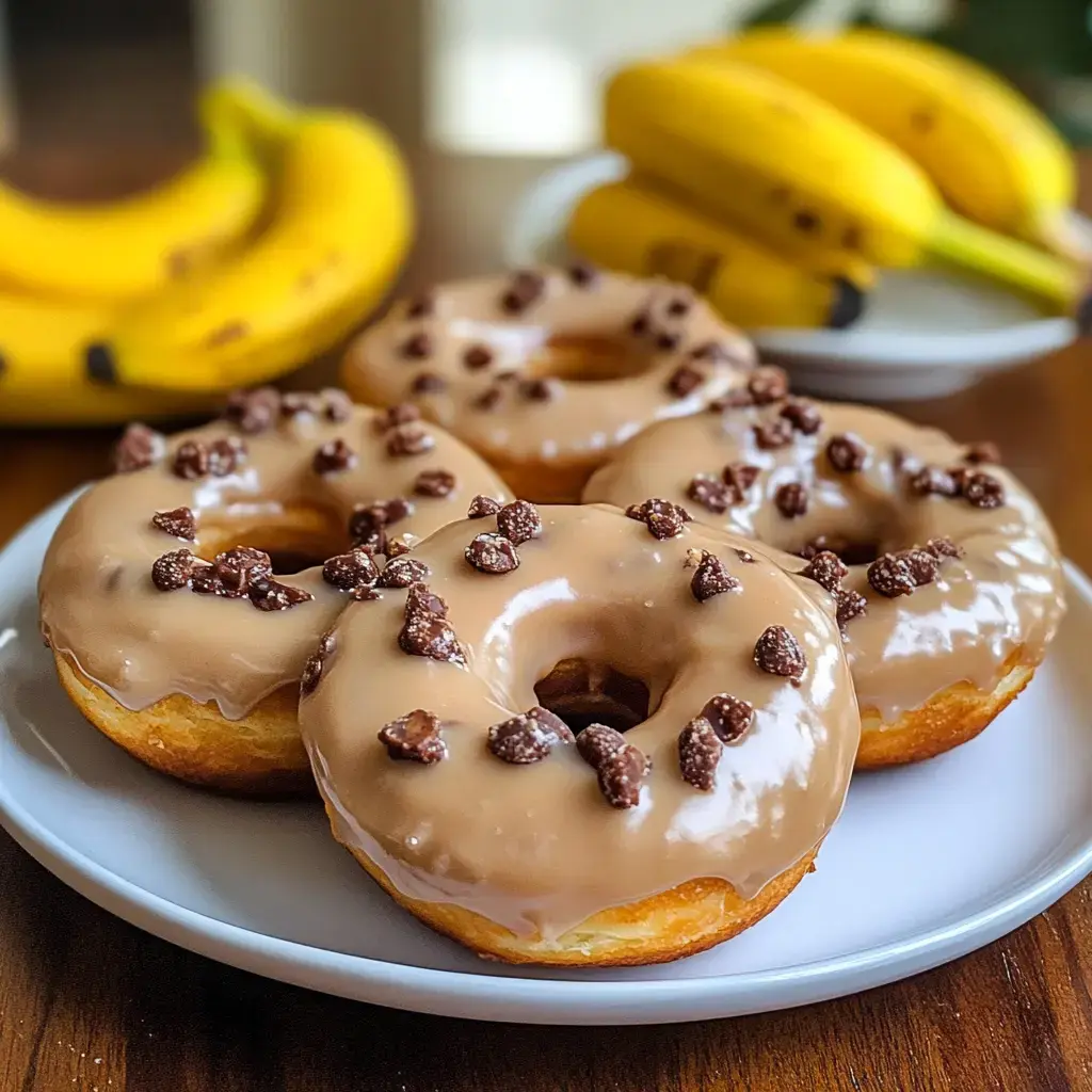 Une assiette de donuts nappés, parsemés de vermicelles chocolat avec des bananes en arrière-plan.