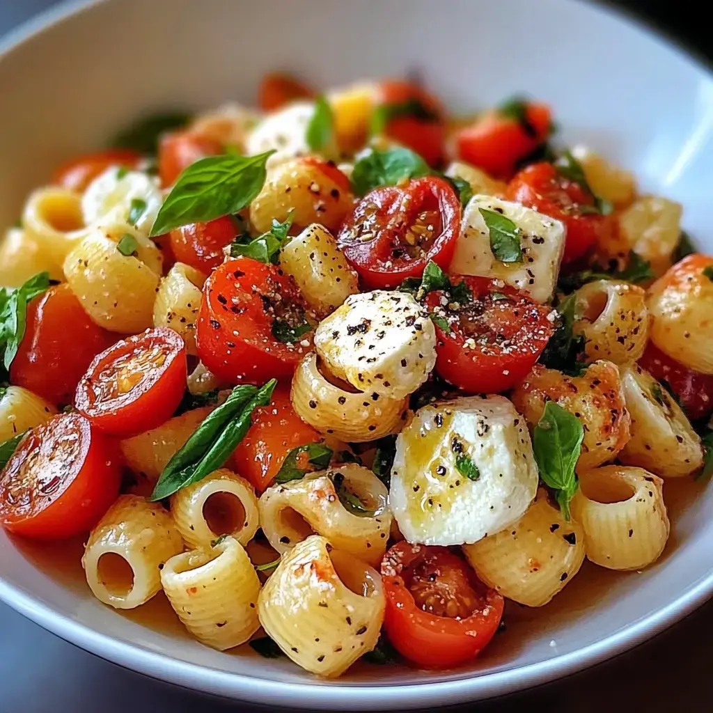 Zoom sur un bol de salade de pâtes avec tomates cerises, mozzarella, basilic frais et un peu de poivre noir.