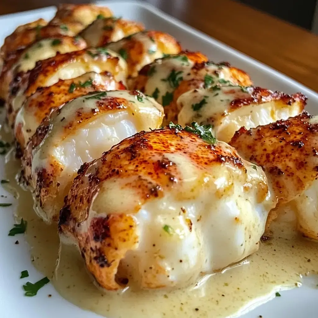 Gros plan de queues de homard bien juteuses gratinées dans une sauce crémeuse avec paprika et persil.