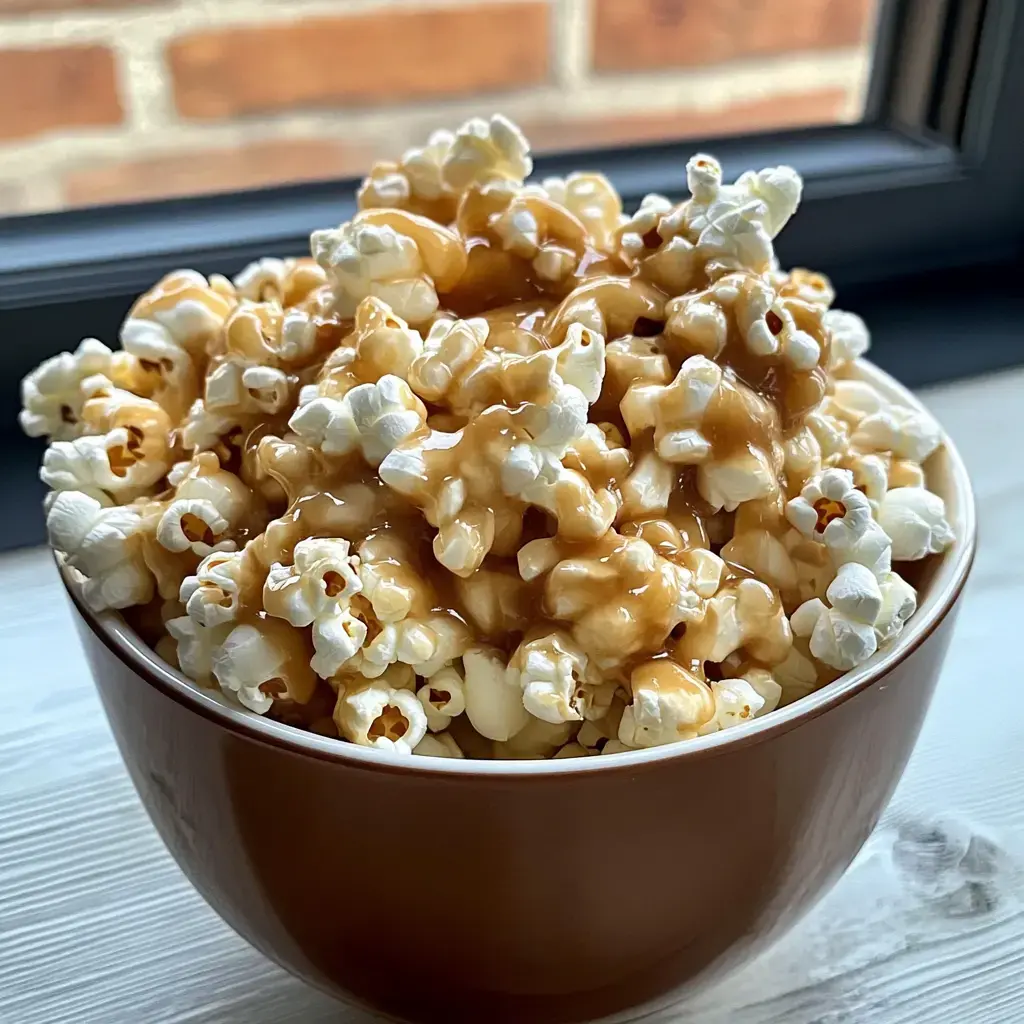 Un saladier marron garni de pop-corn nappé de caramel, posé devant une fenêtre et un mur de brique en fond.