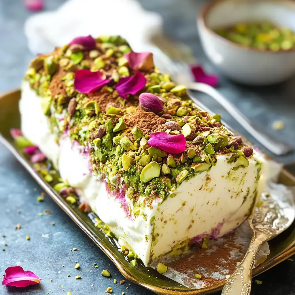 Un dessert rectangulaire en couches avec crème, pistaches et pétales de rose, posé sur une assiette sombre.
