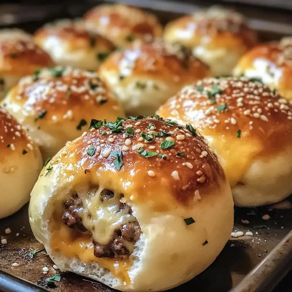 Zoom sur des petits pains farcis tout juste sortis du four avec graines de sésame et herbes dessus, et un intérieur viande-fromage bien fondant.