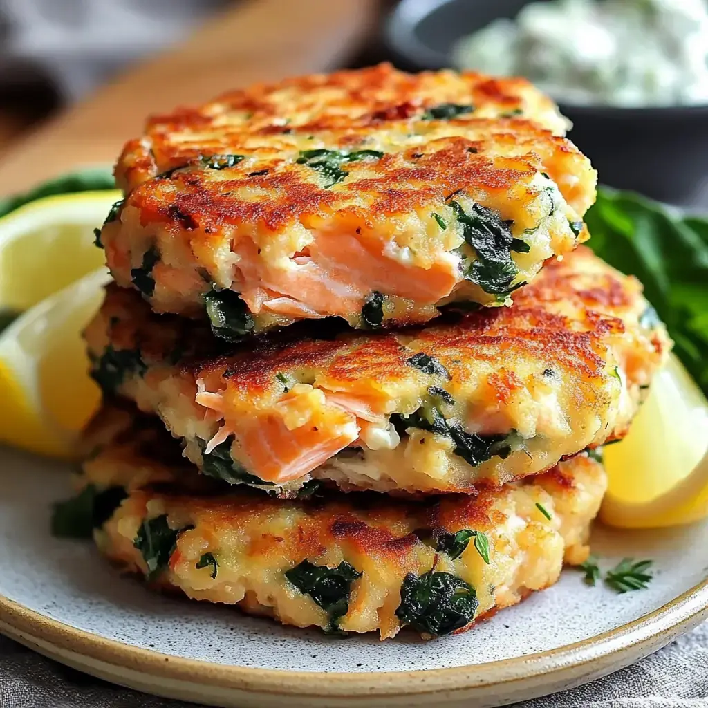 Une pile de galettes de saumon dorées avec des épinards, décorée de quartiers de citron et un bol de sauce à l’arrière-plan.