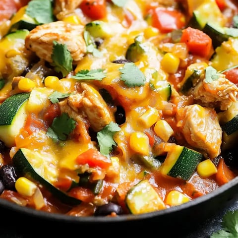 Un gros plan d'un plat coloré et fromager avec poulet, courgettes, maïs, haricots noirs et tomates coupées, garni de coriandre fraîche.