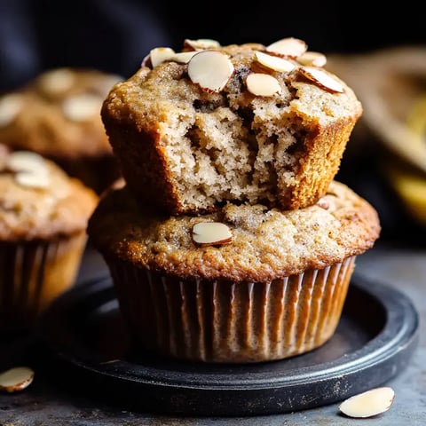 Un gros plan de deux muffins garnis d'amandes, l'un partiellement cassé révélant son intérieur moelleux, posés sur une assiette noire.